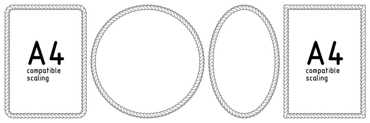 Rope frames. Set of string borders made of brush. Rectangular, A4 compatible, round, oval, shapes for decorative sea, nautical, western designs. Black vector illustration isolated on white background. © marina_ua