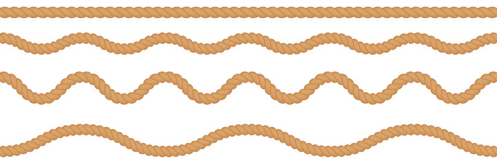 Rope brush seamless patterns, set of braid line and wavy borders. Cowboy or sea, nautical, marine knit cords. Western decorative textured cables. Vector illustration isolated on white background. © marina_ua