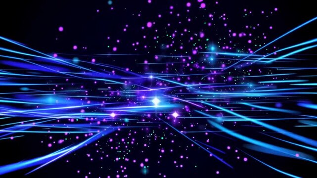 Glowing neon lines and particles move rapidly across a dark space background, conveying energy and technology for a futuristic or sci-fi themed project
