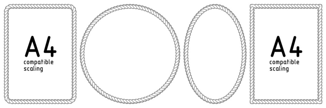Rope frames. Set of string borders made of brush. Rectangular, A4 compatible, round, oval, shapes for decorative sea, nautical, western designs. Black vector illustration isolated on white background.