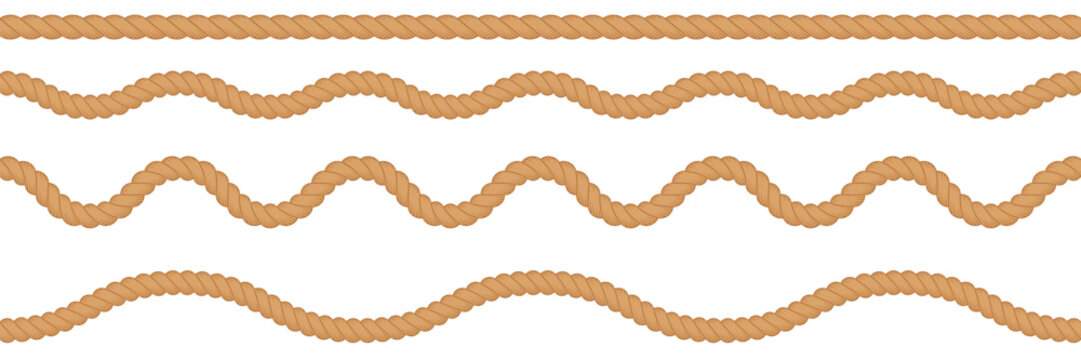 Rope brush seamless patterns, set of braid line and wavy borders. Cowboy or sea, nautical, marine knit cords. Western decorative textured cables. Vector illustration isolated on white background.