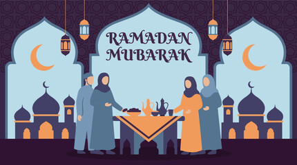Ramadan Mubarak greeting card with family, mosque, lanterns, and dates © RAIXEL