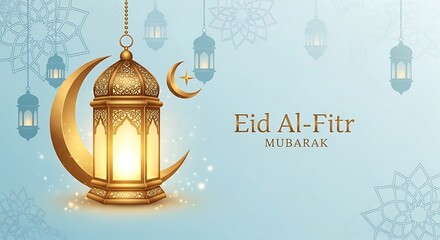Eid Al-Fitr Mubarak Greeting with Lantern and Crescent Moon
