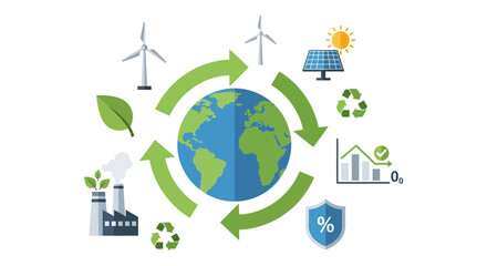 Global Sustainable Economy Cycle Illustration: Renewable Energy, Recycling, and Eco-Friendly Industrial Growth Towards a Greener Future