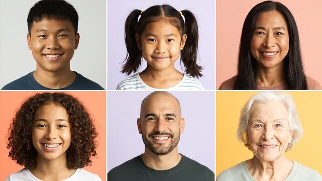Diverse portraits of smiling individuals representing different age groups