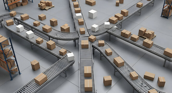 Automated logistics network with conveyor belts transporting packages in a modern distribution center, showcasing efficient order fulfillment and supply chain management for seamless.