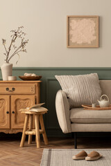 Cozy Living Room Interior with Neutral Tones, Sofa, Sideboard, and Wooden Details in a Minimalist Home Setting