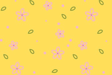 Obraz premium Cute Pink Flower Pattern on Yellow Background, Delicate Floral Wallpaper with Leaves and Dots, Spring Design