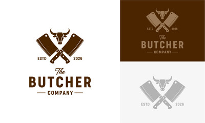 A collection of butcher company logos featuring crossed cleavers and knives in various designs on different backgrounds from a straightforward front view