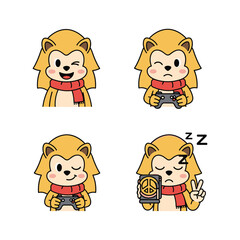 Cartoon lion character showing different emotions while playing video game with a red scarf