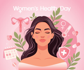 International Women's Health Day. Mental health of women. Woman surrounded by medical elements uterus, calendar, pills, plants, symbol of self-care, awareness. Vector illustration for health projects