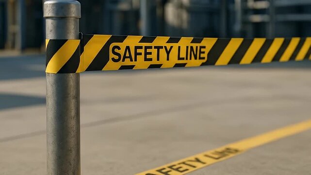 Safety line barrier with yellow and black caution tape on metal post outdoor area warning restricted access safety precautions industrial construction zone hazard prevention caution barrier