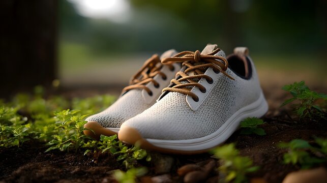 Pair of textured beige casual sneakers with brown laces untied resting on soil surrounded by lush green plants in natural outdoor light