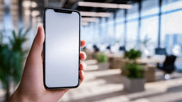 Main tenant un smartphone avec &eacute;cran blanc avec arri&egrave;re plan de bureau