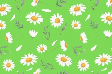 Obraz premium Seamless daisy flower pattern on green background. Fresh spring floral wallpaper with white chamomile blossoms and green leaves.