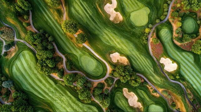 Overhead view showcases vibrant green golf course, bunkers, and winding paths. Use for themes like golf, leisure, luxury travel, or property development.