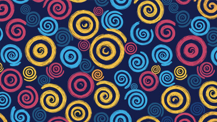 Fototapeta premium Colorful hand-drawn spirals pattern with yellow, blue, and red textured swirls on a dark navy background for artistic designs.