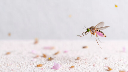 Obraz premium A mosquito flies over white powder, with colorful particles scattered around.