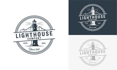 Lighthouse emblems and logos displayed in various designs on white and dark backgrounds from different viewpoints