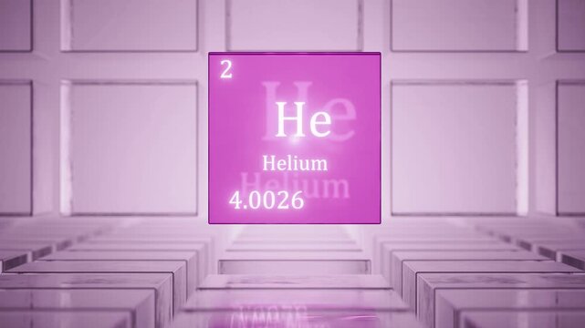 Animation of helium gas in the periodic table. A cube with the chemical element helium. Helium, an element in the periodic table. The chemical element helium.