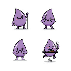 Purple cartoon water drops with different emotions and actions in a minimalist style