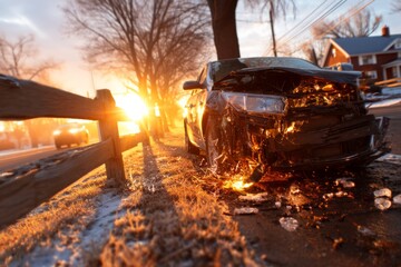 Fototapeta premium Foggy Sunrise Scene on Rural Street with Damaged Car and Warm Light