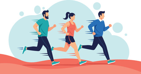 Group of diverse people running and jogging together in a park for fitness and healthy lifestyle flat vector illustration © MDMAHABUB