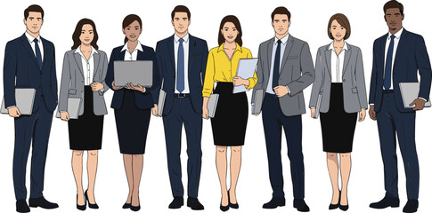 Obraz premium Group of diverse professional business people standing together in formal suits with laptops for corporate team concept