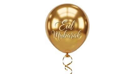 Golden 'Eid Mubarak' balloon with elegant script, floating isolated on a white background, perfect for festive greetings and decorations