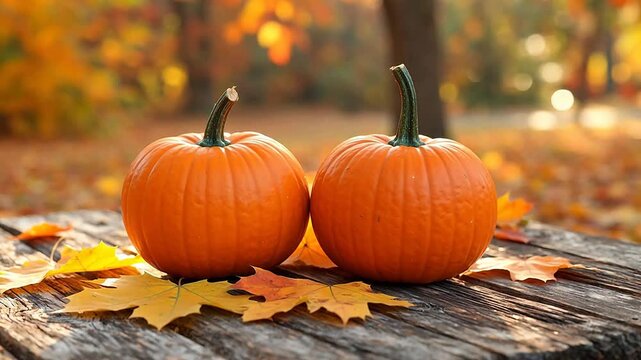 Two pumpkins on wooden surface with autumn leaves