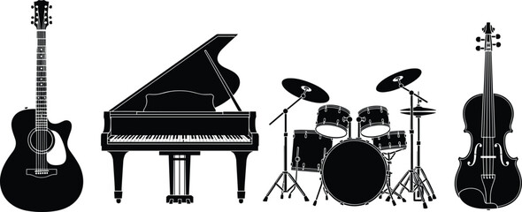 Musical instrument silhouettes set with acoustic guitar grand piano drum kit and violin in cad drawing flat vector illustration for design © Hello World