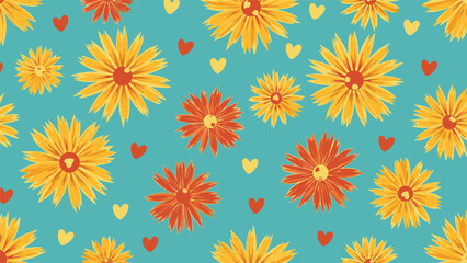 Cheerful seamless pattern of yellow and orange daisy flowers and small red and yellow hearts on a bright teal background for romance.