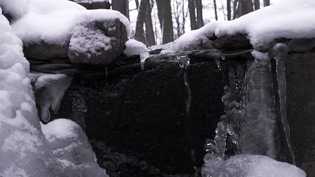 Springtime. Meltwater flows along the stream bed between snowdrifts.