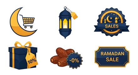 Ramadan sale icons collection with shopping cart, lantern, gift box, dates, and discount badges on white background
