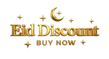 Elegant Eid Discount banner with golden 3D text, crescent moon, stars, and 'Buy Now' call to action on white background