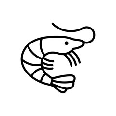 Illustration vectorielle minimaliste d’une crevette en dessin contour noir et blanc. Symbole marin et gastronomique, idéal pour projets culinaires et côtiers. © Manon