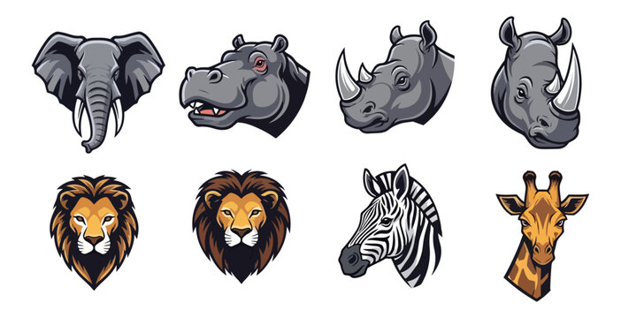 Wildlife animal head portraits collection elephant rhino lion zebra giraffe vector illustrations