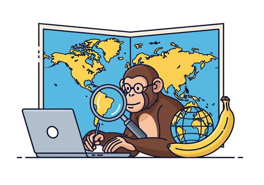 Intelligent Monkey Using Magnifying Glass and Laptop.
