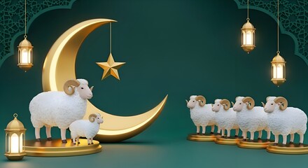 Adorable sheep family with crescent moon and lanterns, celebrating Ramadan or Eid al-Adha with festive decor