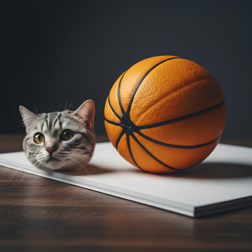 A Cats Head Next to a Basketball on a White Surface.