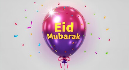 Shiny Eid Mubarak balloon with colorful confetti, celebrating the Islamic festival with festive cheer