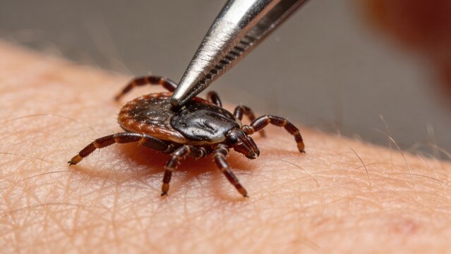 Close-up of a tick being removed from human skin with tweezers, highlighting the insect's detailed features and the texture of the skin in a clinical setting