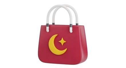 Red shopping bag with Islamic crescent moon and star symbol, representing retail and Eid celebrations