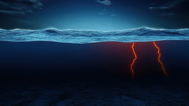 Deep blue ocean waves with glowing cracks beneath the surface, hinting at volcanic activity.