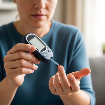 Close-up shot of an adult woman diligently checking her blood glucose level using a digital glucometer, focusing on personal health monitoring and proactive diabetes management at home
