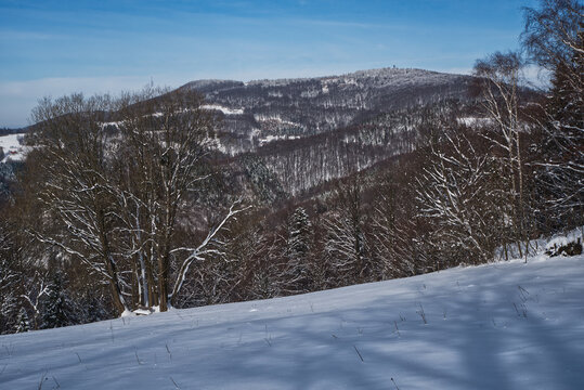 Wielka Czantoria and Mala Czantoria from Maly Soszovo hill in winter Beskid Slaski mountains on polish-czech borders