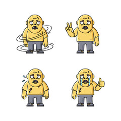 Cartoon man showing different emotions and gestures with injuries and bruises
