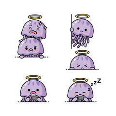 Cartoon jellyfish with angel halo expressing various emotions on white background