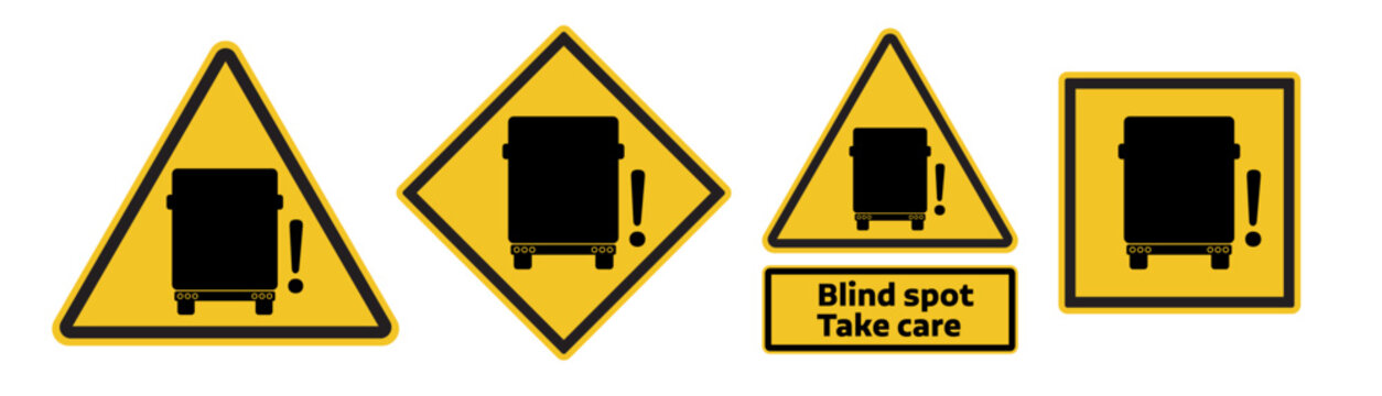 Blind spot warning sign set. Truck lorry blind spot road sign with take care text in yellow color. vector icon collection.