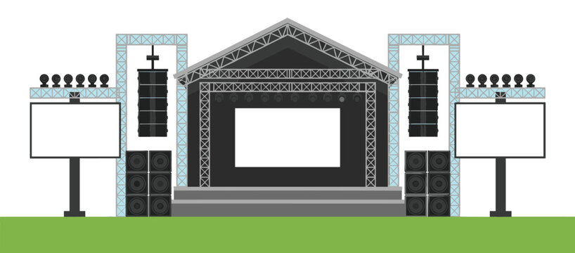 Professional outdoor concert stage vector illustration with metal truss large screens and line array speaker systems for music festiva